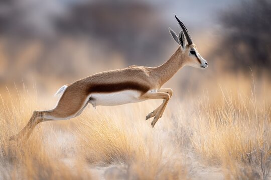 Springbok Antelope Leaping Through Grass, Namibia Wildlife Photography, African Safari Animals, Graceful Mammal in Motion, Warm Tone Background