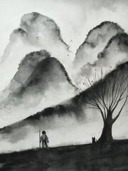 watercolor minimal oriental ink wash painting abstract landscape tree in the field, and the man standing with a cat. traditional japan asian sumi-e art style.
