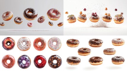 A digital collage showcasing various donuts in different poses; some levitating, others static, displaying assorted glazes, sprinkles, and fillings