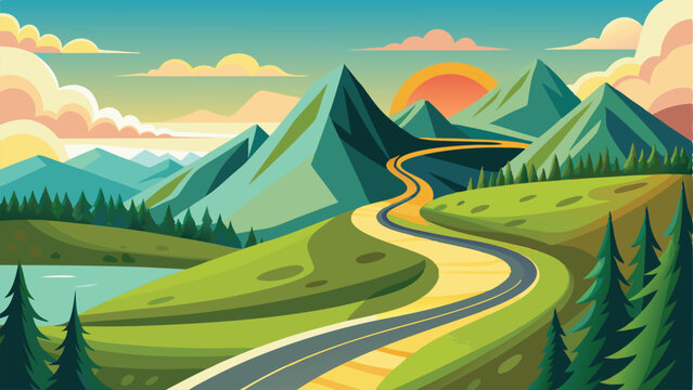 Scenic Mountain Road at Sunset Cartoon Landscape with Lake and Evergreen Trees