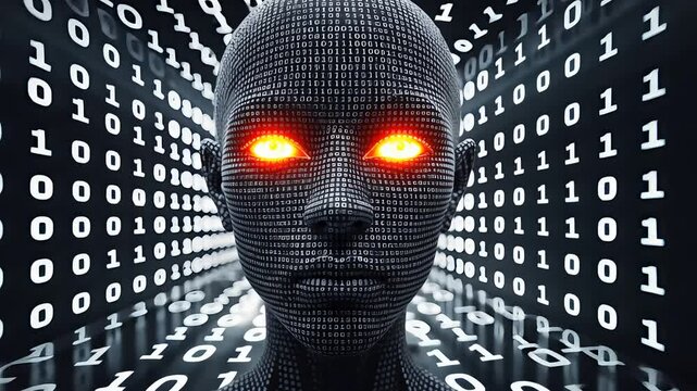 Digital humanoid face with glowing orange eyes surrounded by binary code in a dark virtual environment, representing artificial intelligence

