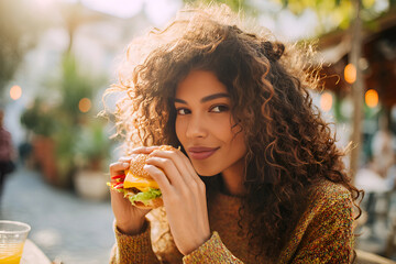 Young woman enjoying cheeseburger outdoors on sunny day.