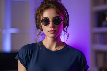 Woman wearing headphones and sunglasses listening to music.
