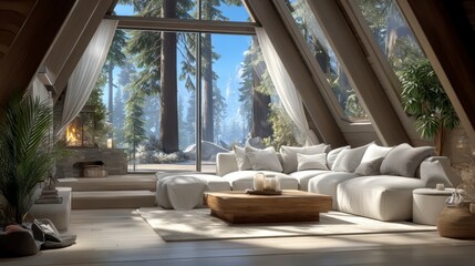 Fototapeta premium Modern A Frame Cabin Interior Cozy Winter Retreat