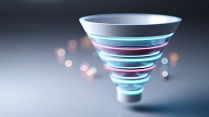 Sales funnel concept with glowing lines. Abstract 3D rendering of a funnel.