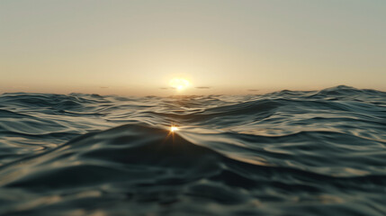 Tranquil ocean view with calm waves under golden sunset, minimalist seascape with copy space, conveying peace, relaxation and freedom of coastal life.