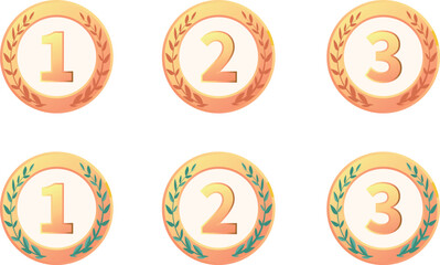 Set of vector medals for first, second, and third prize in gold, silver, and bronze tones with laurel wreaths on white background, concept of achievement and awards