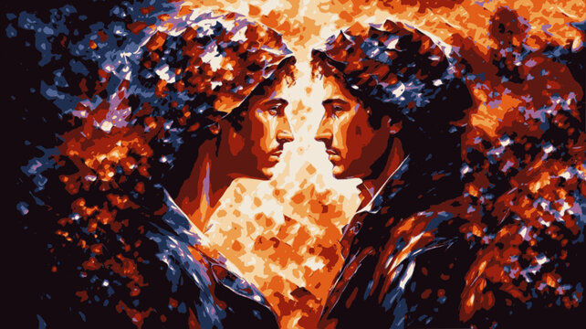 Dos hermanos gemelos mirandose, abstracto, 10 colores,  Geminis