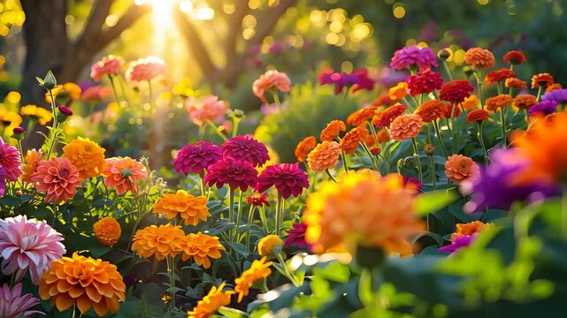 Vibrant blooming flower garden filled with colorful zinnias in sunlight, surrounded by lush greenery and glowing morning forest background

