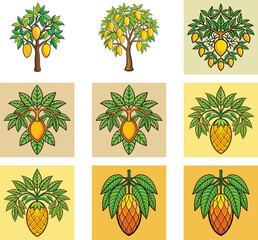 Vector Illustration Of Stylized Mango Trees And Individual Fruits Artistic Renditions