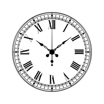 Black and white vector of an antique clock face with roman numerals, representing time, tradition, and elegance.

