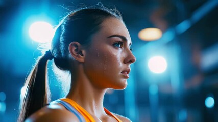 Focused woman athlete sweating in orange sportswear during intense gym workout with determination and focus on fitness exercise under bright blue and warm lights