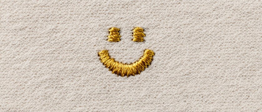 Happy Face Embroidery on Beige Fabric  Close up Texture  Gold Thread  Handmade Craft  Smil