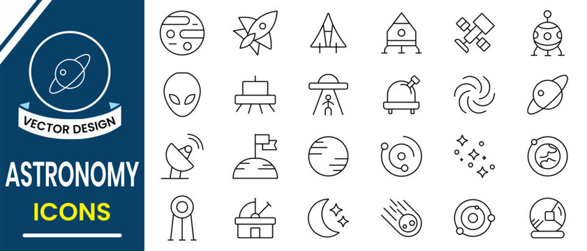 Astronomy line icon. Astronomy and space exploration icon set. Earth, moon, sun, galaxy, rocket alien, universe, astronaut, astronaut, space planet, rocket, comet, telescope and planet icons vector.