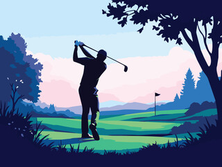 Golfer Swinging Club on Scenic Course – Outdoor Sports Illustration