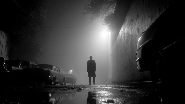 Solitary figure in a long overcoat and hat standing in a dimly lit alleyway, illuminated by a bright streetlight casting stark contrasts of light and shadow. Old-fashioned cars parked on the left, sli