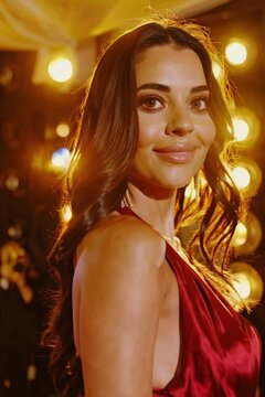 Radiant Elegance: Captivating portrait of a woman radiating beauty and confidence, embodying elegance and grace against a backdrop of soft, warm lights. 