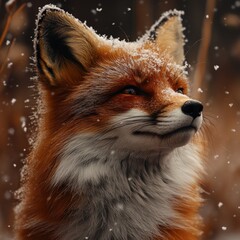 Obraz premium Winter fox in snowfall. Detailed close-up of a red fox, covered in snow