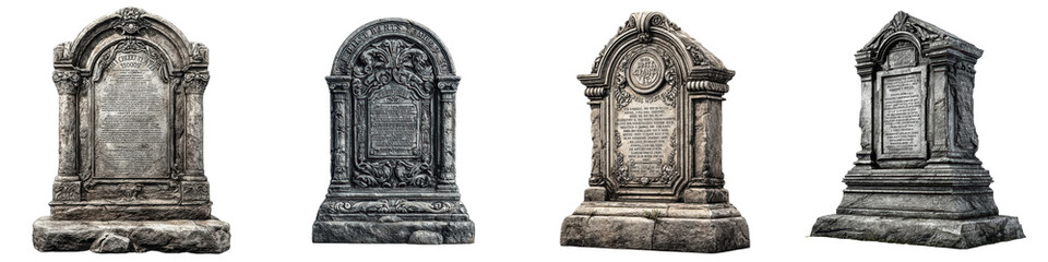 Obraz premium 3D rendering of a tombstone with detailed inscriptions, weathered stone texture, PNG isolated on Transparent background