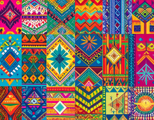 Colorful geometric molas, traditional textile art, are displayed, representing indigenous Kuna culture and artistry.