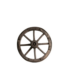 Obraz premium A single large wooden wheel leaning against a faded mud wall — symbol
