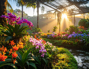 Obraz premium Brightly colored orchids and other tropical flowers bloom, showcasing the vibrant floral biodiversity.