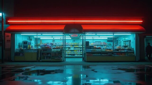 Empty Minimarket at Night with Vibrant Fluorescent Lighting &ndash; Cinematic Urban Scene