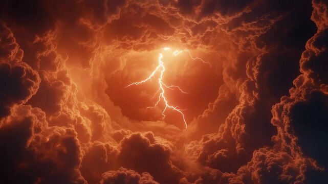 Fiery storm cloud with bright lightning bolt striking through dramatic orange storm clouds, creating powerful thunderstorm energy and electricity sky filled with weather power and intense natural