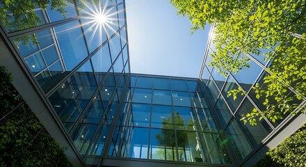 Modern Glass Building, Sunbeams, Green Leaves