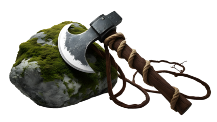 A dense moss-covered jungle stone its  axe