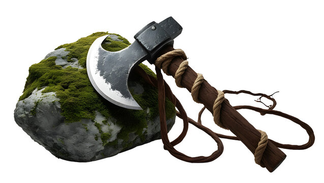A dense moss-covered jungle stone its  axe