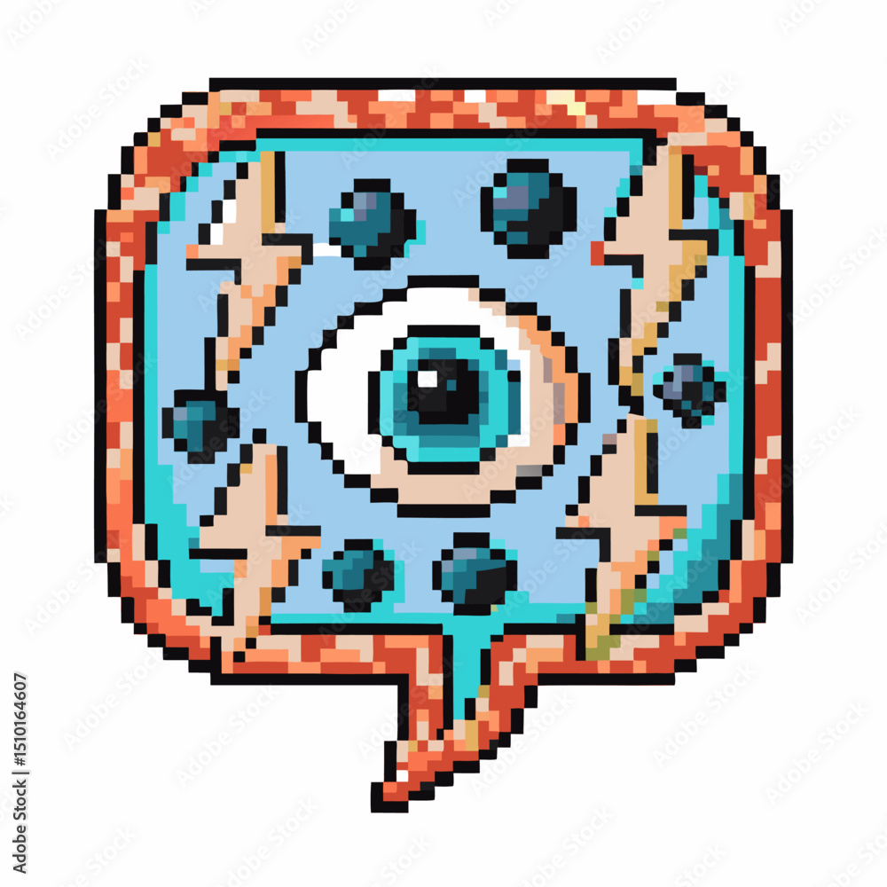 Poster retro 8 bit speech bubble with eye and lightning symbols in pixel art