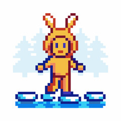 Fototapeta premium Pixel art character in bunny suit ice skating on frozen pond with snowy trees background
