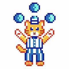 Obraz premium pixel art cat juggling balls retro gaming character, playful feline in pixelated stripes and hat