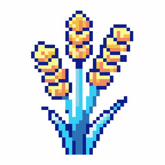 Fototapeta premium Retro pixel art wheat plant with golden grain on green stems, blue leaves