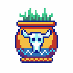 Fototapeta premium Pixel art pottery with bull skull and cactus in vibrant colors