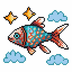 Fototapeta premium Colorful pixel art fish with vibrant scales surrounded by stars and clouds