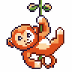 Obraz premium Pixelated monkey retro pixel art animal hanging on vine vintage 8 bit gaming