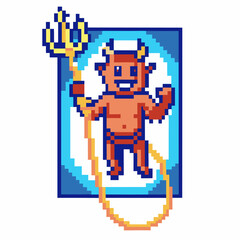 Obraz premium pixel art devil character with trident retro video game style, cute demon with glowing aura