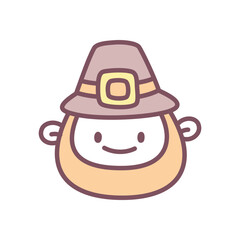 Cute pilgrim face icon. Hand drawn Thanksgiving character with buckle hat and smiling expression on white background. Kawaii sticker. Vector 10 EPS.