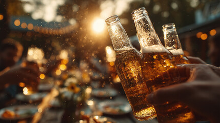 Friends clinking beer bottles in celebration, bright Summer