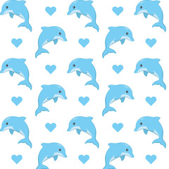 Seamless pattern of cute dolphins and little blue hearts, vector illustration.