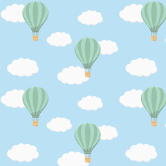 Seamless pattern of small cartoon hot air balloons flying in the clouds on a blue background, vector illustration. © Ksenya