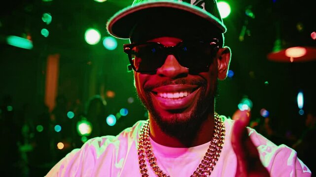 Man in the Spotlight: Portrait of a stylish individual, bathed in a vibrant neon ambiance. Smiling confidently, exuding charisma and a sense of cool.