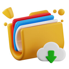 A 3D digital storage folder with cloud download icon, ideal for data management, cloud storage, and digital files.