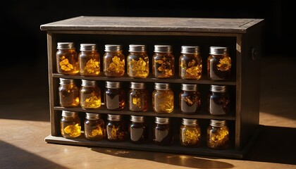 Glass Jars With Amber and Crystals Arranged on a Wooden Shelf