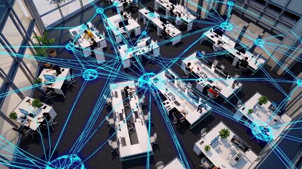 Glowing blue network lines connecting diverse professionals working at desks, representing digital communication and collaborative workplace technology in modern open office environment - Powered by Adobe