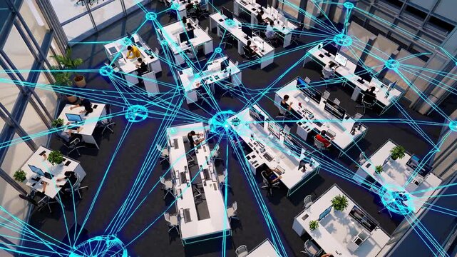 Glowing blue network lines connecting diverse professionals working at desks, representing digital communication and collaborative workplace technology in modern open office environment - Powered by Adobe