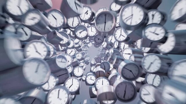 Clocks in Perspective: A visual representation of time, featuring an array of clocks creating a mesmerizing vortex, conveying the essence of temporality and measurement.