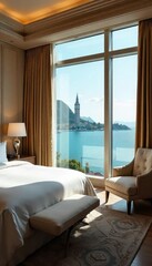 Indulge in opulent comfort A lavish hotel suite boasts a breathtaking view, plush furnishings, and impeccable attention to detail, promising an unforgettable stay , luxury hotel, cityscape, blanket